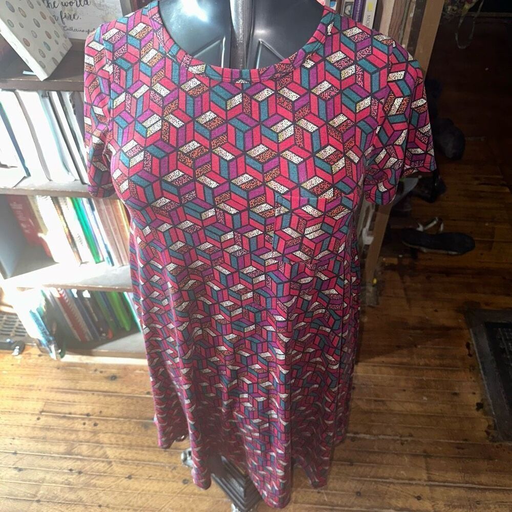 LuLaRoe artsy colorful travelcore S Carly Swing Dress